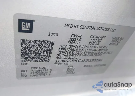 2019 Chevrolet Tahoe Lt из США, поврежденный, VIN 1GNSCBKC1KR190190